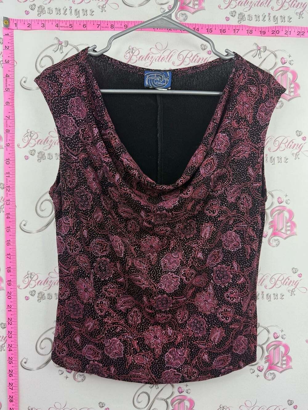 Onyx Nite scooter tops sparkly y2k Pink & Black Cowl Neck Paisley Camisole